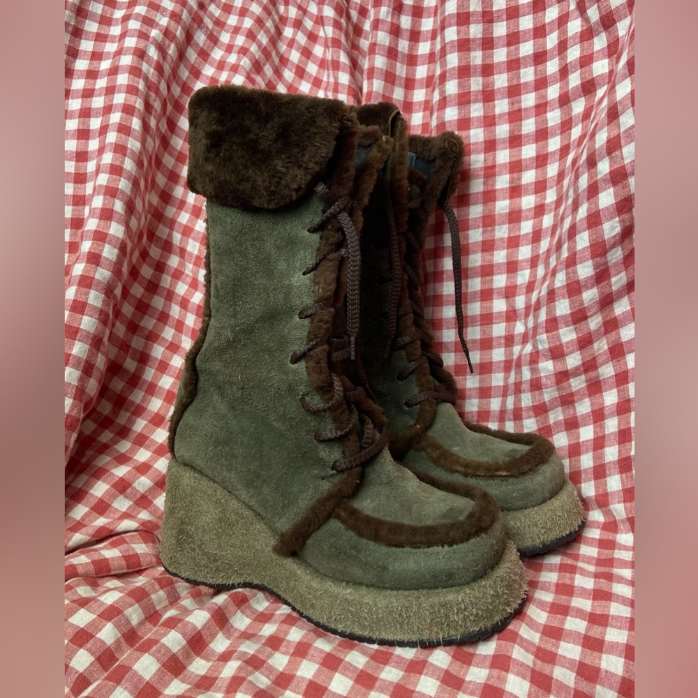 vintage green suede destroy platform boots bratz y2k